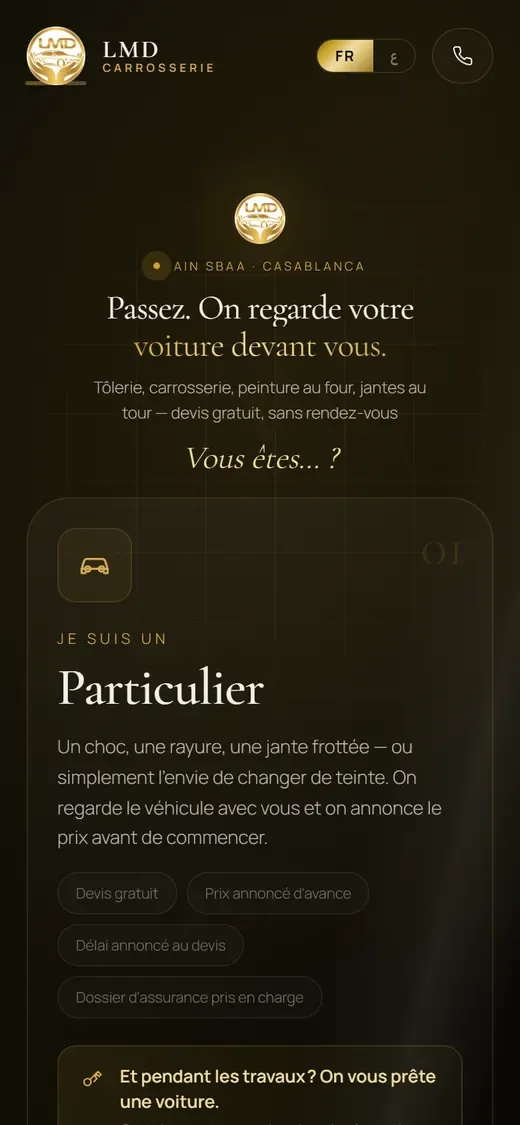 Écran d’accueil du site de LMD Carrosserie sur téléphone : logo doré, mention Ain Sbaa Casablanca et bouton d’appel.
